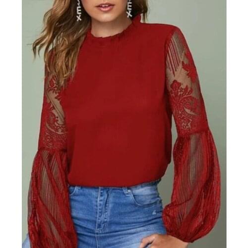 Women Sexy Mesh Lantern Long Sleeve Blouse Round Neck Slim Top AM1474