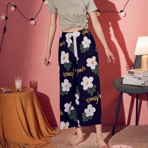 Women Print Cotton Sleep Bottoms Drawstring Wide Leg Pants Summer Fashion Large Size Home Pant Intimate Underwear Trousers