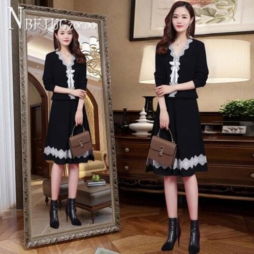 2020 Autumn New Temperament Knitting Women Sets Bowknot Sweater And Black Skirt Female Sets