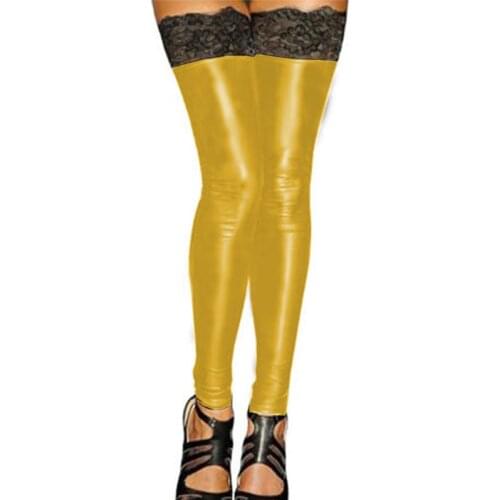 Womens Footless Wet Look Stylish Thigh High Long Leather Stockings with Black Lace Metallic Evening Party Club Stocking 7XL