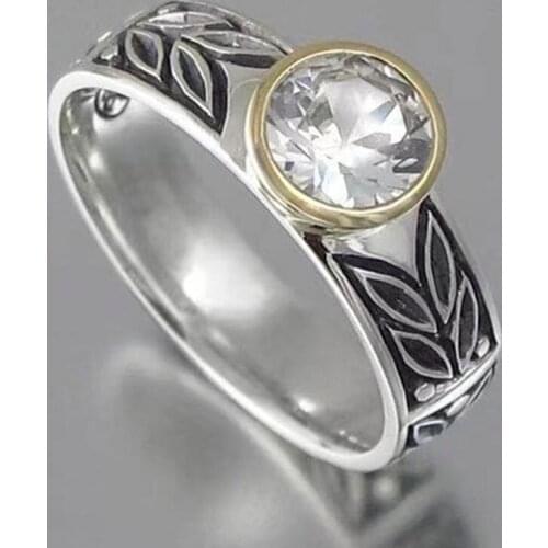 X yan Simple Retro Anniversary Ring for Women Vintage Leaves Pattern Engraved Dazzling White Zircon Rhinestone Finger Rings