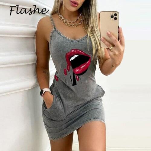 Sexy Mini Dress for Women Sleeveless O Neck Print Dresses Bodycon Slim Fit High Waist Pocket Casual Party Dress 2021