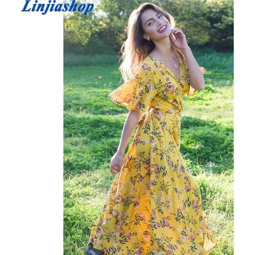 Spring summer women midi dress bohemian floral print sexy v neck short sleeve loose rayon maxi dress holiday beach robe femme