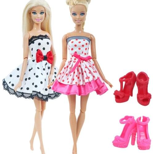 4 Pcs/Set= 2x Handmade Doll Dress Skirt Cute Twins Doll Outfit + 2x High Heels Shoes Clothes for Barbie Doll Accesspries Toys