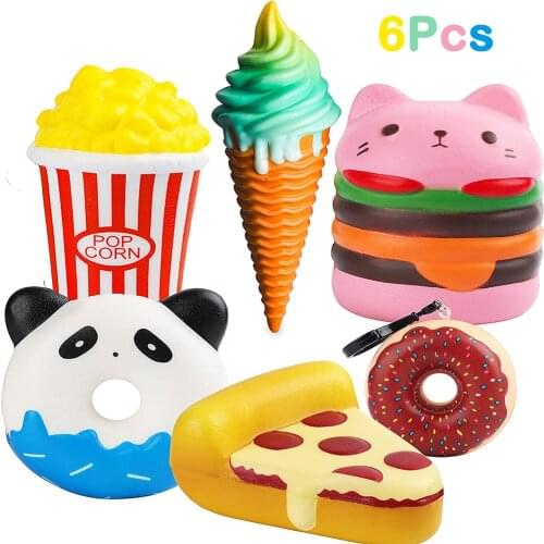 6Pcs Jumbo Food Novelty Squeeze Toys Sets Hamburger Popcorn Pizza Ice Cream Soft Kawaii Slow Rising Toys Gifts for Children