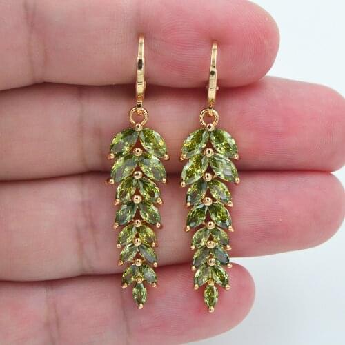 AAA+ Cubic Zirconia Gold Color Fashion Women Luxury Green CZ Leaf Engagement Earrings Jewelry