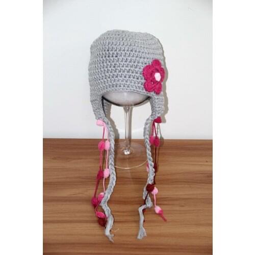 Free shipping, New 100% Handmade Crochet girls Flower Hat Knitted Beanies Girls Hat 100% Cotton childrens earflaps cap
