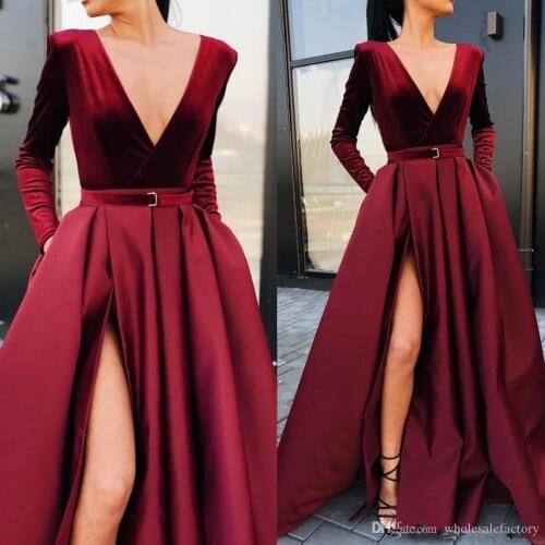 Burgundy Deep V Neck Satin Prom Dresses A Line Long Sleeves Ruched Evening Dresses High Split Floor Length Formal Party Evening