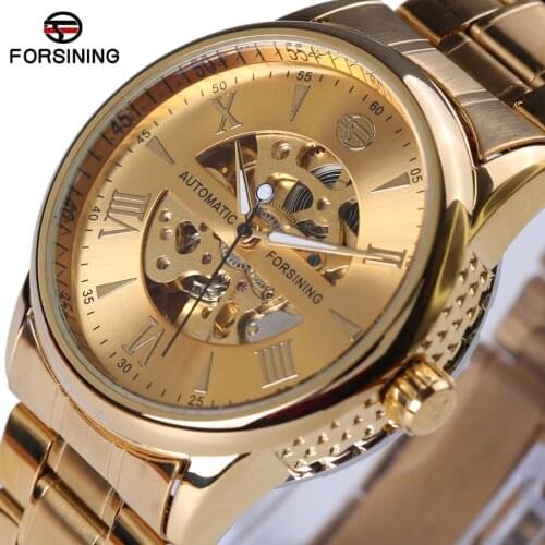 Forsining 2017 New Luxury Golden Mechanical Automatic Wrist Watch Men Stainless Steel Band Skeleton Dial Mens Watch Time Gift