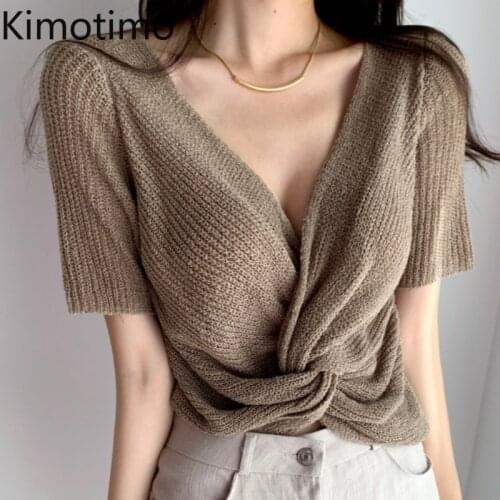 Kimotimo Design Pullovers Women Summer Short Sleeve Sexy Backless Kink Ladies Crop Tops Korean Fashion All-match Knitted Sweater