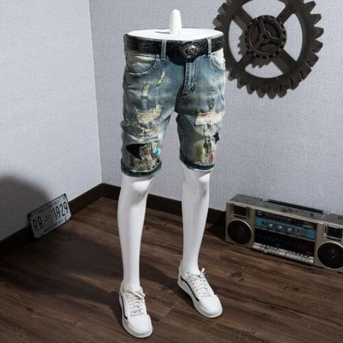 Summer Mens Fashion Slim Fit Knee Length Jeans Shorts Casual Embroidery Hole Ripped Denim Shorts Plus Size 40 Short Trousers