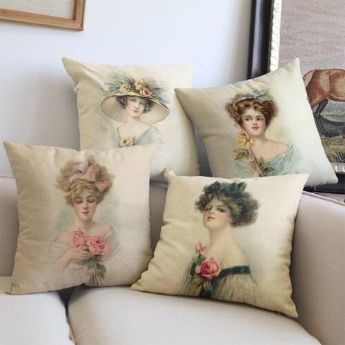 European Classical Retro Vintage Beauty Bonnie Woman Pillow Case The Medieval Figures Lady Home Sofa Decorative Cushion Cover