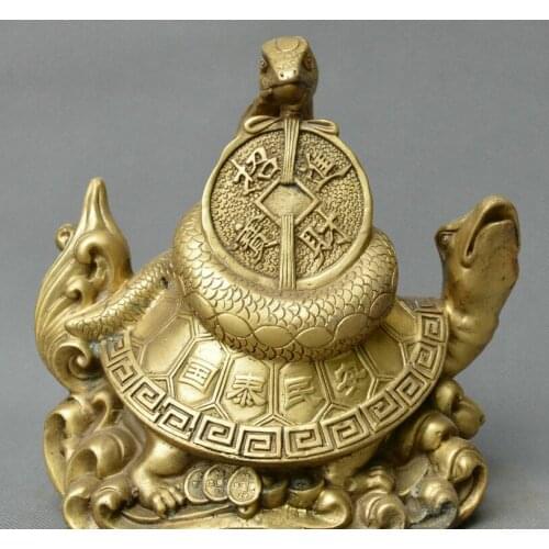 Chinese fengshui old bronze god beast turtle snake money amass fortunes statue
