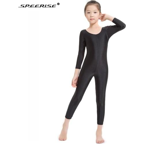 SPEERISE Girls Black Long Sleeve Unitard Boys Bodysuit Spandex Full Body Tight Jumpsuit Scoop Neck Dance Costumes Unitards