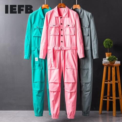 IEFB Mens And Womens Workwear Long Sleeve Jumpsuit Bink Blue Grey Single Breasted Lapel Cloth 2021 New Spring Autumn Trousers