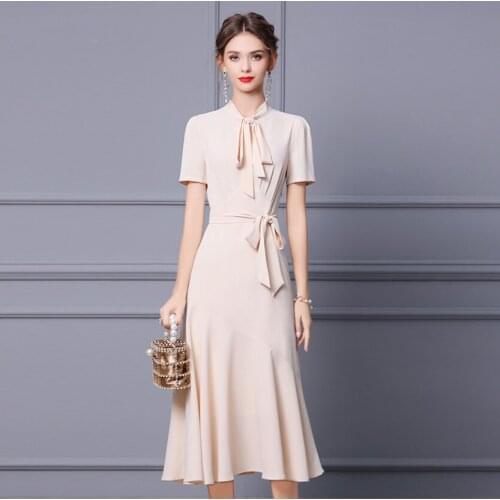 New Apricot Gentle Grace Lady Long Summer Skirts OL A-Line Slim Business Woman Dresses Short Sleeve Female Spring Fishtail Skirt