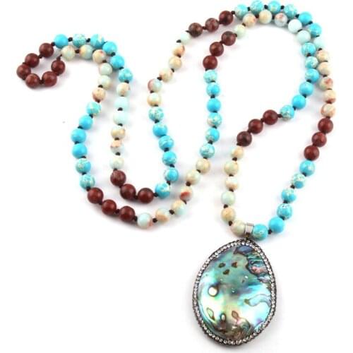 New 108 Beads Mala Natural Stone Knotted Crystal Pave Sea Shell Charm Pendant Necklace Women Meditation Yoga Necklace Jewelry