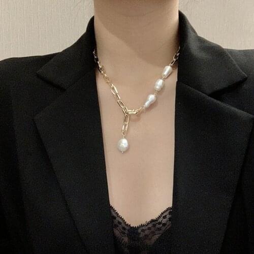 Minar Temperament Irregular Pearl Asymmetric Necklace for Women Ladies Gold Color Chunky Link Chain Chokers Necklaces Jewellery