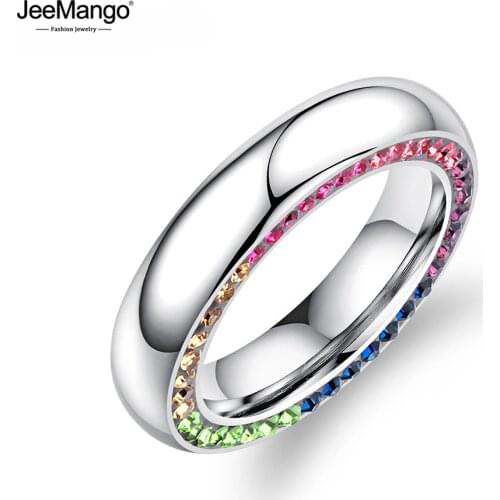 JeeMango Luxury Sparkling Cubic Zirconia Wedding Rings For Women Colorful Rhinestone Statement Bands Engagement Ring JR19173