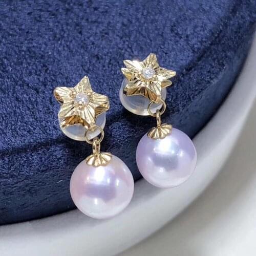 Pearls Earrings 1105 Fine Jewelry Pure 18 K Gold Natural Fresh Water White Pearl Earrings 9-8mm for Women Fine Pearl Earrings