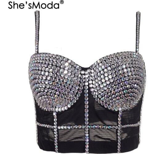 ShesModa Mesh Diamonds 2021 New Push Up Bra Night Club Bralette Womens Cropped Top Vest Corset Plus Size