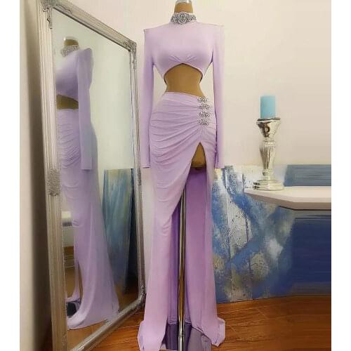 Lavender \Lilac Evening Dresses High Collar Mermaid / Trumpet Sweep/Brush long-sleeved Beading Front/Side Slit Party Gowns