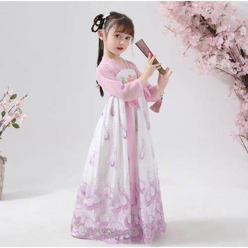 Chinese Style Embroidery Han Fu Princess Birthday Party Dance Perform Dress Traditional Wedding Evening Dress for Girls
