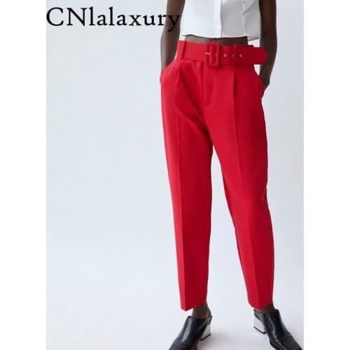 CNlalaxury Women 2020 Chic Fashion High Waist With Belt Pants Vintage Zipper Fly Pockets Office Wear Female Ankle Trousers Mujer