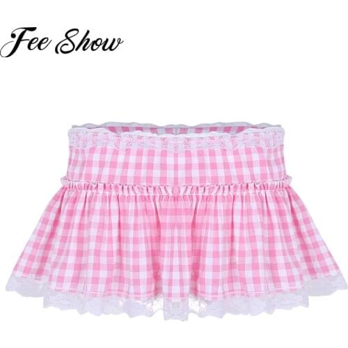 Men Women Sexy Clubwear Costume Dance Skirts Elastic Waistband Short Skirt with Lace Hem Pleated Gingham A-line Mini Skirt