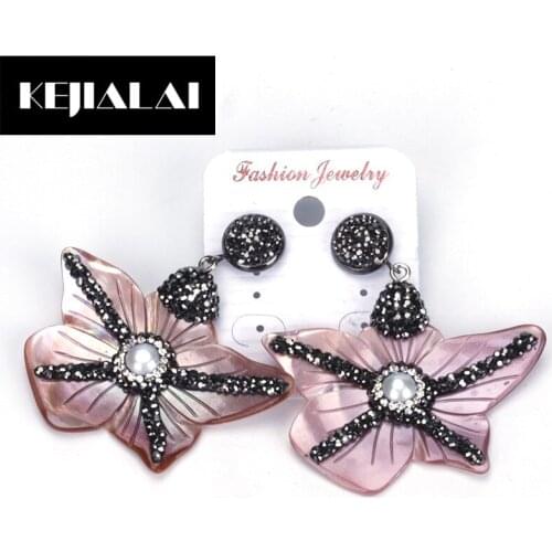 KEJIALAI Shell Pearl Earrings Shell Flower Pendant Pave Black White Rhinestone Drop Earrings for Women European Hot Sale Gift