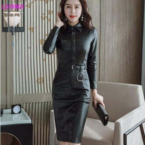 2021 autumn new Korean womens fashion temperament lapel single-breasted Slim PU leather long-sleeved dress Sashes