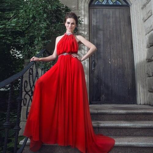 Платье женское 2020 backless halter crystal Formal vestido de festa long elegant red chiffon prom gown Bespoke Occasion Dresses