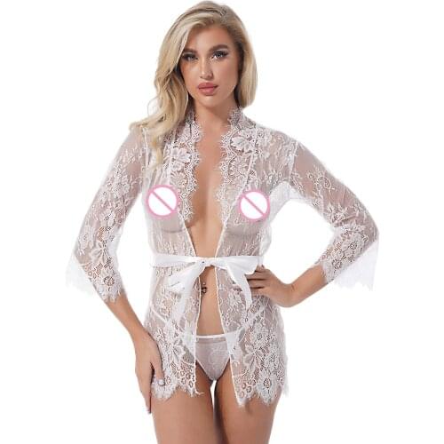 2Pcs Women Sexy Lingerie Erotic Teddies See-Through Lace Long Sleeves Night-Robe Sash Tie G-String Thong Set Underwear Nightwear