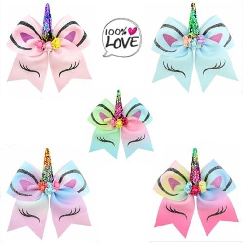 2 Pcs/lot Unicorn Cheer Bows With Rubber Band For Girls Kids Reversible Sequin Ponytail Hair Bows Holder Hair Accessories