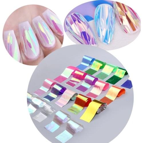 20pc/lot Aurora Nail Foil Broken Glass Design Transfer Nail Art Sticker Glitter Flake Transparent Glass Paper Nail Decals 4*20cm