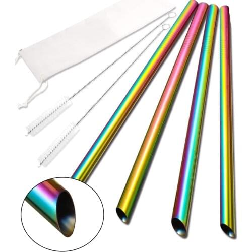 4Pcs Sharp Reusable Boba Straws 304 Stainless Steel Smoothie Straws Angled Tips 0.5" Wide Drinking Metal Straw for Bubble Tea