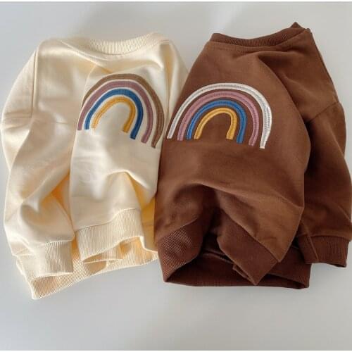 5417 Popular Children Rainbow Hoodies Korean Childrens Top Long Sleeve Boys Girls Embroidered Rainbow Round Neck Pullover