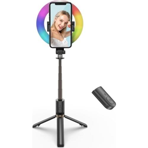 6inch Video Streaming RGB Ring Fill Light 9 Colors Flash Mode 2-in-1 Selfie Stick Tripod 93cm BT Remote Control Built-in Battery