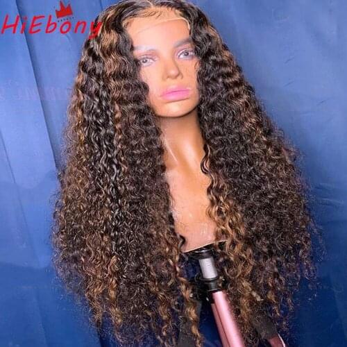 HiEbony Remy Human Hair Lace Front Wigs Highlight 1b/27 Curly Glueless Lace Front Wigs Natural Hairline 26'Transparent Lace Wigs