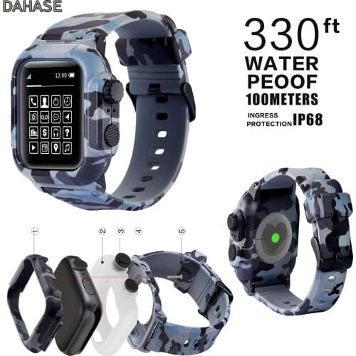 IP68 Waterproof Silicone Cover for Apple Watch Series 4 3 2 Case Camouflage Watch Band for iWatch 42mm 44mm Case Sport Strap Set