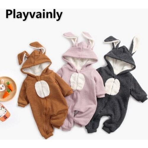 2021 Korean Style New Autumn Boys Girls Romper Pink Brown Grey Waffle Rabbit Ears Hooded Thick Jumpsuit Newborn Clothes E8179