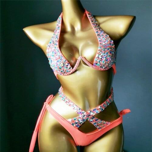 Adult Women DJ Pole Dancing Rhinestones Bikini Costume Nightclub Outfit Party Show Stage Models Catwalk Crystals Bra Shorts Set