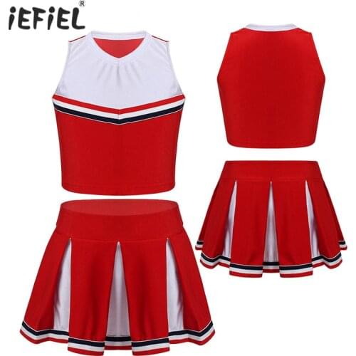 Cute Kids Girls Cheerleader Costume Uniforms Sleeveless Crop Top Pleated Skirt Outfit for School Dancing Competition Performance
