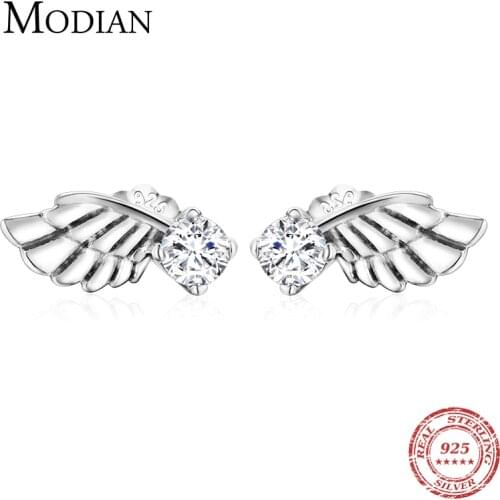 Modian Genuine 925 Sterling Silver Fashion Angle Flying Wings Stud Earrings for Women Girls Earring AAA Clear CZ Silver Jewelry