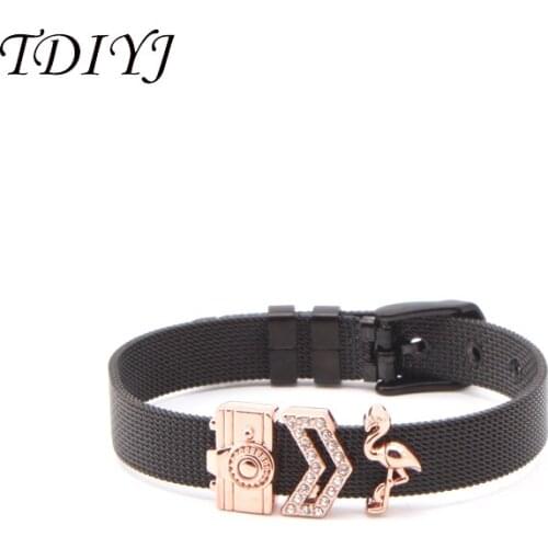 TDIYJ Flamingo Camera Keeper Bracelet Set Mesh Hobbies&Fun Charms Stainless Steel Black Bracelet 1Set
