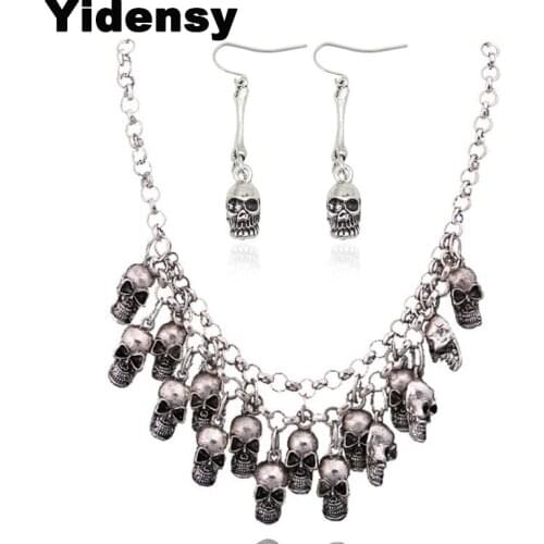 Yidensy Halloween Skull Head Necklace Earring Set Punk Multi-layer Tassel Bib Jewelry Sets Women Rock Chain Pendant Necklaces