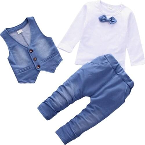 Autumn Childrens Sets Baby Boy Long Sleeve Solid Soft Cotton Shirt Tops+Vest+Long Pants Trousers Toddler Casual Clothes Set