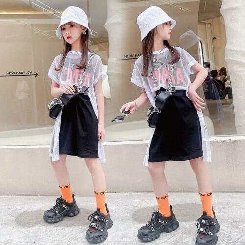 Girls Short-sleeved Vest Dress Suit 2021 Summer New Youth Childrens Letter Vest Sprot Dress + Irregular Mesh Suit 2PCS