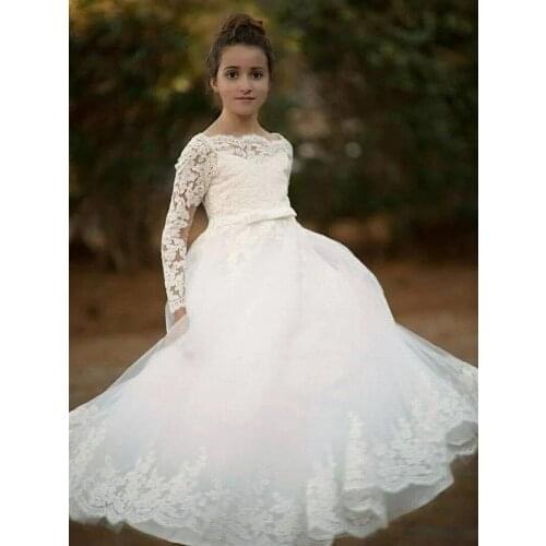 Elegant White Flower Girl Dresses Lace Applique Tulle Beaded Belt Princess Party Wedding First Holy Communion Pageant Dresses