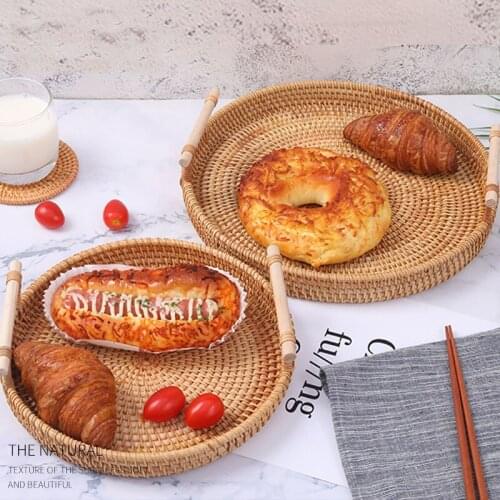 Wicker Rattan Storage Basket with Handle Round Foods Tray Wood Hand Woven Basket Camping Fruits Bread Snack Dessert Holder